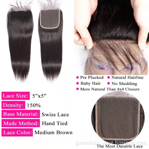 wholesale high quality naturalcolor 4x4" 5x5"transparent lace closure with  deep wave Brazilian Virgin human hair